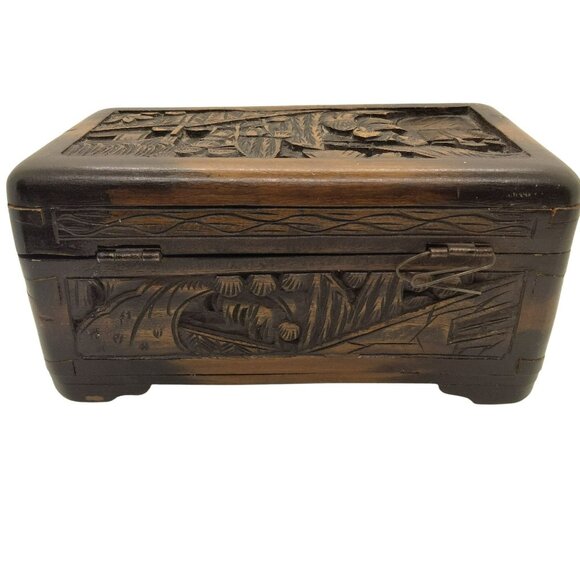 Antique Camphor Wood Intricately Hand Carved Box Jewelry Trinket Early 1900's - Picture 1 of 16